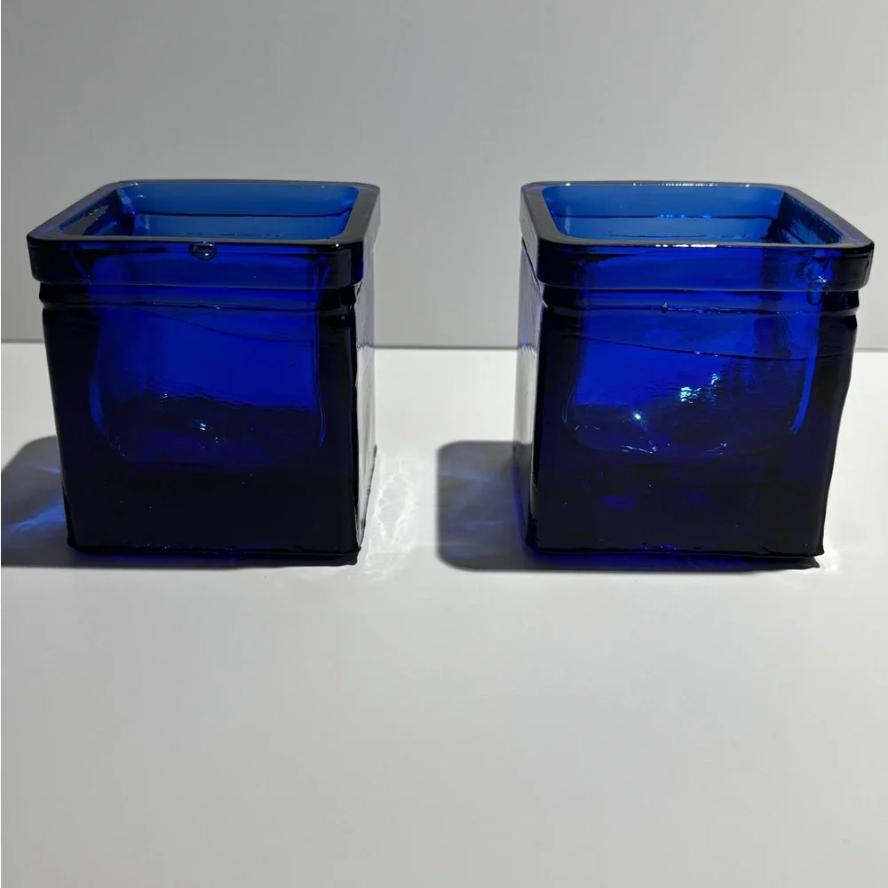 Cobalt Blue Glass Votive Candle Holders Hand Blown Spain Set of 2